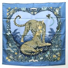 HERMES カレ90 JUNGLE LOVE ジャングルラブ 豹 パンサー 青系 スカーフ 美品 エルメス ◆送料込◆質屋-10979