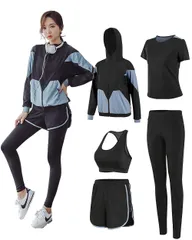 人気☆彡パーカー ロングタイツ 半袖 スポーツブラ ジャージ フィットネス 吸汗速乾 通気 短パンツ 伸縮性 5点セット 上下 ランニングウェア トレーニングウェア 春夏秋冬 ヨガウェア レディース スポーツウェア [DawnRain]