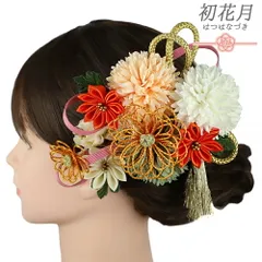 髪飾り 成人式 振袖 橙 オレンジ つまみ細工 剣つまみ 花 モスグリーン ピンク ゴールド 白 緑 房 組紐 大きい 小さい 2点セッ No.9-5445