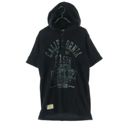 Purple&Yellow パープルアンドイエロー プリント 半袖 フード付 ヘンリーネック ワッフル Tシャツ L ブラック メンズ 古着