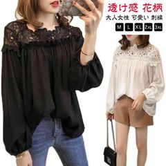  春秋 ブラウス Tシャツ シャツ 透け感 プルオーバー 透かし彫り 長袖 レース ラウンドネック シースルー 刺繍 花柄 トップス きれいめ 体型カバー ゆったり 大きいサイズ レーストップス キレ#cjfj141396