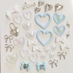 No.321　地雷系　量産型　水色　白　シルバー　ハート　リボン　ネイルパーツ　セット