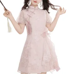 【中国風ロリータ】ドレス レース付きチャイナドレス 半袖 中国風ロリータドレス フォーマルワンピース 入学式 成人式 大人可愛い