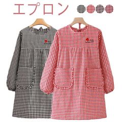 かっぽうぎ かっぽう着 割烹着 エプロン レディース 大きいサイズ 袖付き長袖 ロング丈 おしゃれ 家事 料理 カフェ 北欧風 ポケット付き チェック柄 母の日 敬老の日 ギフト プレゼント 送料無料#wunib105