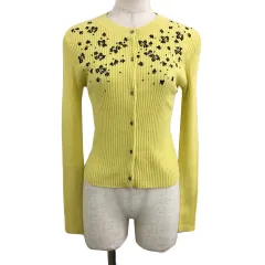 スナイデル SNIDEL カーディガン ニット クルーネック 花柄 ビーズ スパンコール 刺繍 リブ 長袖 F 黄 黒 イエロー ブラック