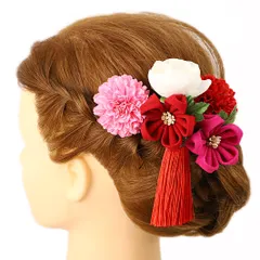 髪飾り 成人式 振袖 浴衣 卒業式 袴 結婚式 4点セット 赤 ピンク 白 花 和 洋 かんざし 手作り 簪 つまみ細工 ちりめんフォーマル 花飾り 玉飾り ブライダル W 36 303-202 赤 ピンク p723　Si