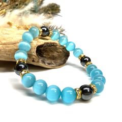 キャッツアイ(ライトブルー)×ヘマタイト パワーストーン ブレスレット  (ゴールド) メンズ・レディース　男性・女性　数珠ブレス 開運 [23]