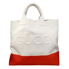 ☆E4440 グッチ トートバッグ ラージ 782741 エンボス キャンバス ロゴ ホワイト オレンジ GUCCI