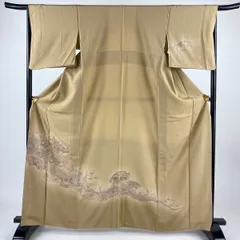 付下げ 身丈165.5cm 裄丈67.5cm L 袷 扇面 草花 刺繍 ぼかし 薄茶色 正絹 秀品 【中古】