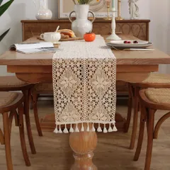 ベージュ-A_30x120cm meioro テーブルランナー 綿 30x120cm テーブルセンター かぎ針編み エレガント お洒落 ヴィンテージ テーブルマット 無地 北欧 法風 ポリエステル ボヘミア風 テーブルクロス タッセル コットン フリンジ 飾り