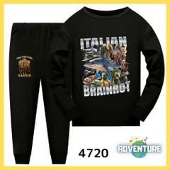 4720 Tung Tung Tung Sahur トゥントゥントゥンサフール 長袖 パジャマ ロンT セットアップ 110 120 130 140 150 160 黒 ブラック 男の子 ミーム 服 キッズ 子供  イタリアンブレインロット tsls13