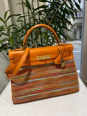 【美品】HERMES エルメス ケリー 32 内縫い ボックスカーフ×ヴィブラート オレンジ ゴールド金具 I刻印□ コンビ 中古 ハンドバッグ ショルダーバッグ 2WAYバッグ レディース 女性用 ブランド ヴィンテージ 本革 レザー カーフ 希少 レア