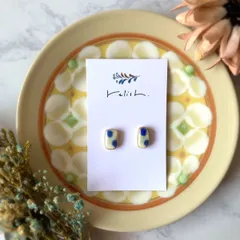 やちむん 風 陶器 ピアス イヤリング ノンホールピアス 小ぶり 小さい スクエア 四角 シンプル ブルー 青 水色 ライトブルー グリーン 緑 ゴールド 金