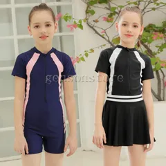子ども水着 キッズ 女の子 半袖 前ジッパー スクール水着 練習用 スカート 子供用 ガールズ ジュニア こども 小学生 ショート丈 水泳 スイミング UVカット