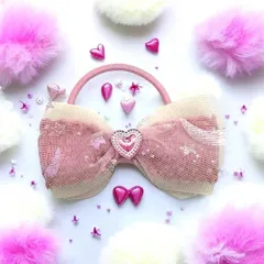 ヘアゴム リボン 星 キラキラ レース ピンクハートチャーム付き キッズ 女の子 ピンク ヘアアクセサリー h-1620