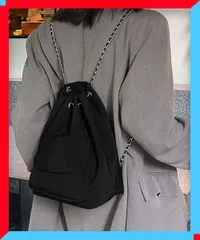 新品 巾着リュック ナイロンチェーンバッグ軽量 バケットバッグ巾着 3WAY鞄 大容量 オルチャン黒バッグ