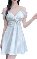 COCO&YUKA(ココアンドユカ) レース オフショルダー タイト フレア ミニ ワンピース 胸元 セクシー 半袖 キャバ 嬢 ドレス カシュクール Aライン スカート 肩出し パール レディース( ホワイト,  S)