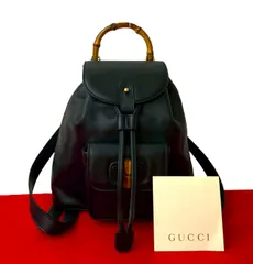 極 美品 GUCCI グッチ オールドグッチ ヴィンテージ バンブー レザー 本革 リュックサック バックパック デイパック ネイビー 351-7