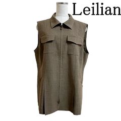 Leilian（レリアン）レディース　袖なしジャケット　襟付きジャケット　夏用アウター レディース　ノースリーブジャケット　ジップアップベスト　ブラウン　13号