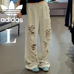 新品L⭐️adidas ジョガー/スウェットパンツ ダメージ加工 ライトグレー×白
