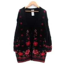ローラアシュレイ LAURA ASHLEY ニットカーディガン Vネック ミドル丈 花柄 ウール M マルチカラー 黒 ブラック /HO23
