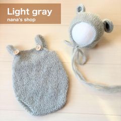 ライトグレー♪くま耳帽子とクマロンパース　ニューボーンフォト衣装 ボンネット