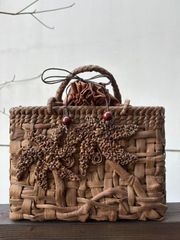 一点物】国産山葡萄 籠バッグ内布付き 乱れ編み巾着タイプ内布台形