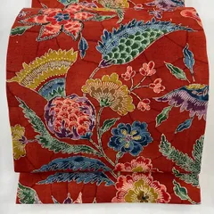 開き名古屋帯 美品 優品 紬地 草花 茜色 正絹 【中古】