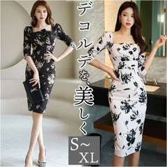 ☆ Lサイズ ☆ ドレス ワンピース レディース pmyonlyyou02 ワンピース レディース タイト タイトワンピース 膝 ひざ パーティドレス ひざ丈ワンピース ひざ丈ワンピ スリット スクエアネック 7分袖 七分袖 花柄 フラワー 結婚式 二次会