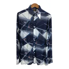70年代 Contour Knit 長袖シャツ ヴィンテージ 総柄 ブルー (メンズ L) 中古 古着 R7556