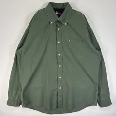 古着 90's/90年代 トミーヒルフィガー TOMMY HILFIGER 長袖シャツ ロゴ 刺繍 ボタンダウン 胸ポケ L  カーキ 無地 メンズ
