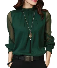 [Dep Club] このコスパでこの贅沢感 シアートップス シースルー トップス レディース 長袖 シャツ 襟 シフォン フリル 服 秋服 フォーマル シースルーシャツ ブラウス 秋 冬 秋冬 (L, グリーン) [グリーン] [L]