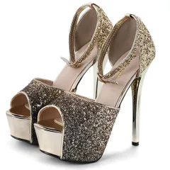 キッソス（ＫＩＳＳＯＳ） レディース ハイヒール スパンコール キラキラ キャバヒール アンクルストラップ ピンヒール オープントゥ サンダル パンプス (ゴールド, 24.5cm(39)) [ゴールド] [24.5 cm]