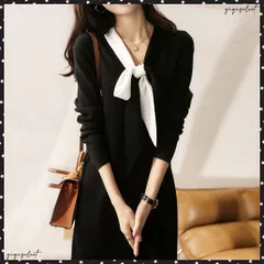 ニットワンピース Vネック 秋冬ワンピレディース きれいめ リボンボウタイ ワンピース 大人女性 オフィスカジュアル 配色ワンピ フェミニン 長袖体型カバー ワンピ 黒ワンピース韓国風 春ワンピ 着やせ