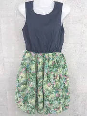 ◇ IENA イエナ 総柄 切り替え ノースリーブ 膝丈 ワンピース ネイビー グリーン レディース  【1002800964338】