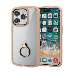 エレコム iPhone 15 Pro 用 TOUGH SLIM LITE フレームカラー リング付 3眼 6.1 インチ ハイブリッド ケース カバー ELECOM 背面クリア リング付き ストラップシート付属 カフェオレ ベージュ クリアケース シンプル