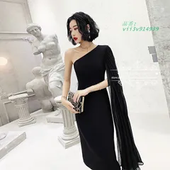 カラードレス カクテルドレス パーティードレス フォーマルドレス ワンショルダー ブラック ファスナー お洒落 ミディアム丈ワンピース ミニドレス ゲストドレス vii3v914939