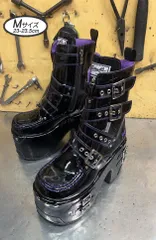 ♡新品未使用・美品♡ Mサイズ 23cm-23.5cm ヨースケ YOSUKE 厚底ブーツ ベルテッドブーツ レディース ブラックパープル ミドルブーツ ハーフブーツ スタッズブーツ 約10cm 厚底ヒール MY632-446