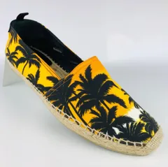 美品★SAINT LAURENT PARIS・サンローラン パリ メンズ キャンバスレザー パームツリー柄 ジュートコンビ エスパドリーユ スリッポン (44) ブランド メンズ 靴 ブラック イエローのサムネイル
