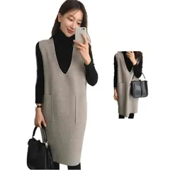 ジャンパースカート レディース ワンピース 2点セット カットソー ベスト 重ね着 ロングベスト ノースリーブ ロングワンピース チュニック Vネック 可愛い 秋 冬 春 ゆったり 体型カバー 大きい#lkl10181