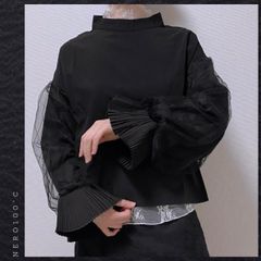 ブラウス パフスリーブ シフォン 黒 個性的 モード プリーツ ストライプ 変形