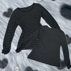 日本 ヴィンテージ ゴシック パンク 地雷系 シャーリングポイント T シャツ ストライプ 長袖Tシャツ ダメージ