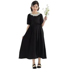 【新品】 [Measuttie] 女の子 夏 ロングワンピース シフォン 可愛いフリル襟 半袖 フォーマル 発表会 結婚式 演奏会 冠婚葬祭 普段着 ブラック 130cm