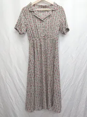 ◇ NICE CLAUP ナイスクラップ 総柄 ウエスト切替 半袖 膝下丈 シャツ ワンピース サイズF ベージュ レッド レディース P  【1407260031130】