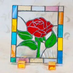 新作　ステンドグラス薔薇パネル　台座陶器　バラ一輪