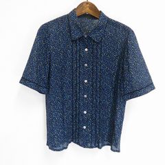 #s レリアン Leilian 半袖 シャツ ブラウス 9 紺 マルチ 小花柄 綿 コットン 麻混 リネン混 日本製 レディース [890857]  k01