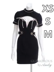 ブラック [GMS-V816]  【GLAMOROUS by Andy / グラマラスバイアンディ】ストレッチ/ バイカラー/ パイピング/ バストカット/ リボン/ ハイネック/ ウエスト透け/ 半袖/ タイト/ ミニドレス / キャバドレス/ ワンピース