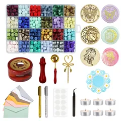 特価　祝い 告白 祝福 手紙装飾 招待状 封筒 印鑑 DIY 便箋 手紙 ワックス大量 24色ワックスビーズ+スプーン+キャンドル+ワックス炉+スタンプ+スタンプ台+両面シールなど15点セット スセット【クラシック色24色セット】ヘッド蝋封 シーリングワック