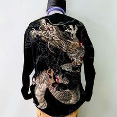 絡繰魂　和柄Tシャツ　龍刺繍　ロンT　黒　XXL