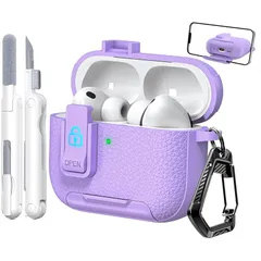 【新品】 MHYALUDO AirPods Pro 第3世代対応ケース（ロック機構付き）、レザー調TPU素材、防塵充電ポート＆スタンド機能付き AirPods Pro 3ケース用、パープル 0